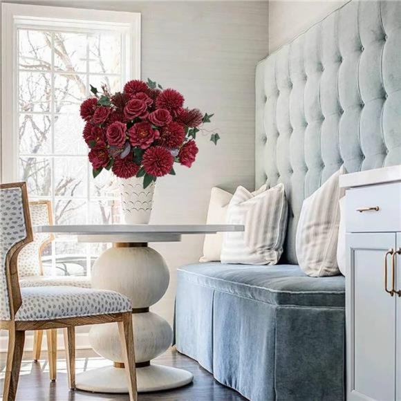 24 Heads Premium Artificial Flowers, Burgundy Silk Flower Peony Bouquets - Picture 5 of 6